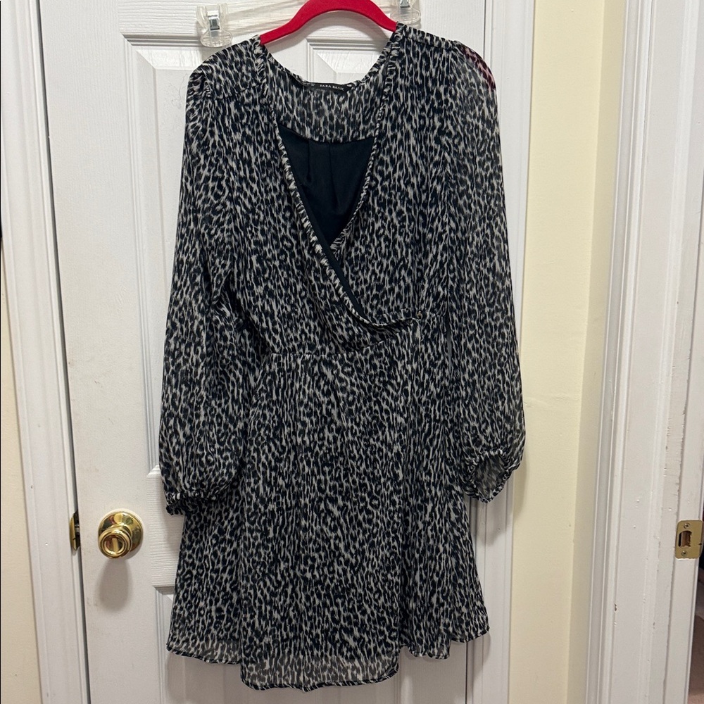 Zara Basic Wrap Dress Black and White Animal Print Long Sleeve Dress